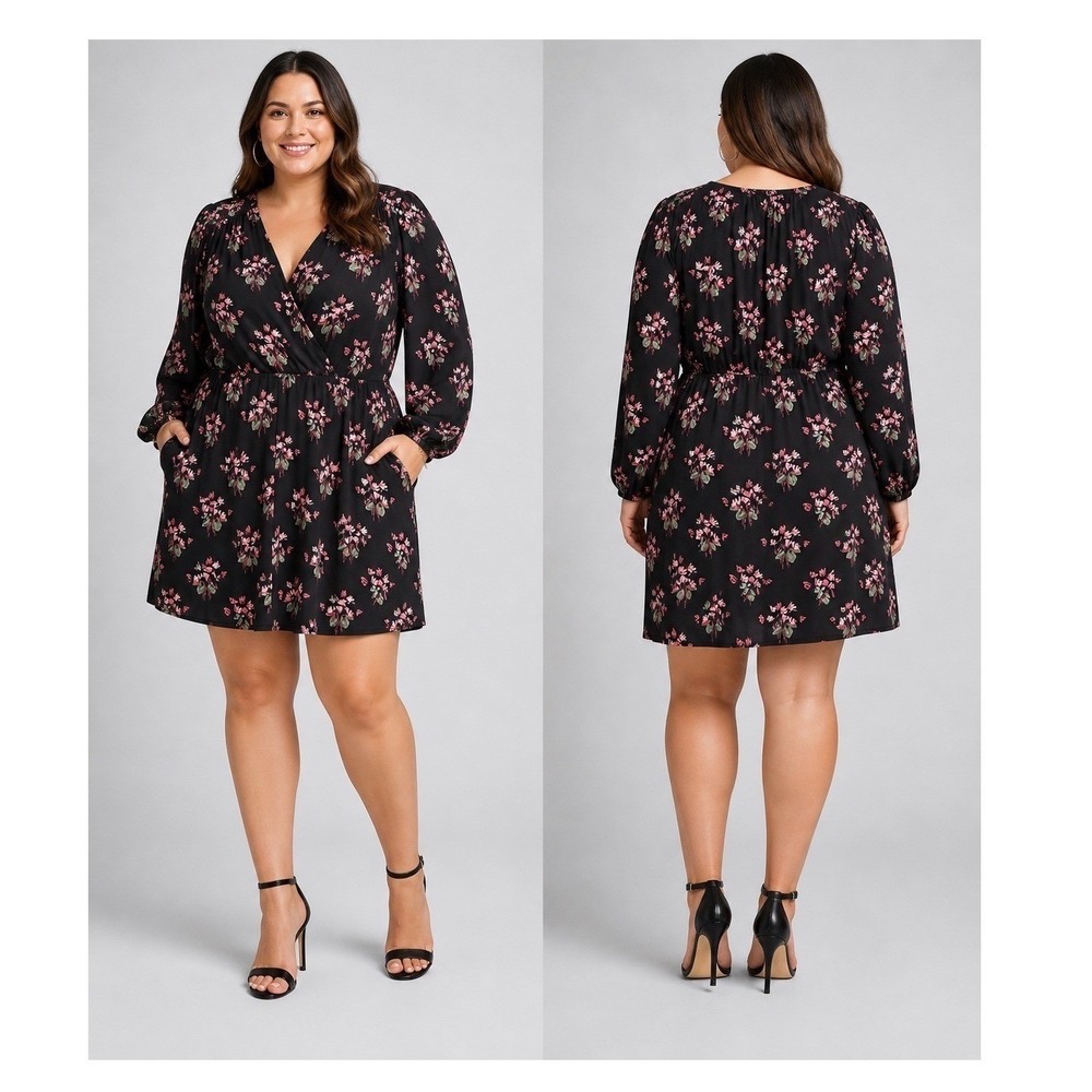 Lane Bryant Womens Black Floral Surplice Romper Eighteen Elastic Waist Rayon 18